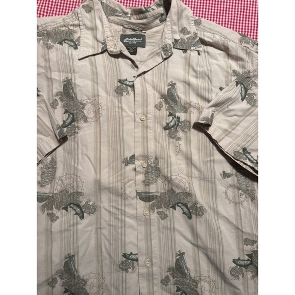 Eddie‎ Bauer Mens XXL Short Sleeve Button Up Shirt Nautical Map Dolphin Sailboat
